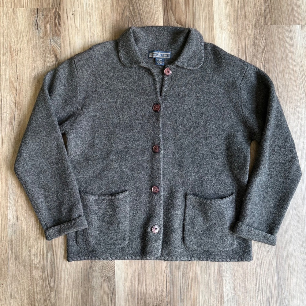 Vintage Herman Geist Wool Gray Button Front Cardigan Sweater Peter Pan Collar M